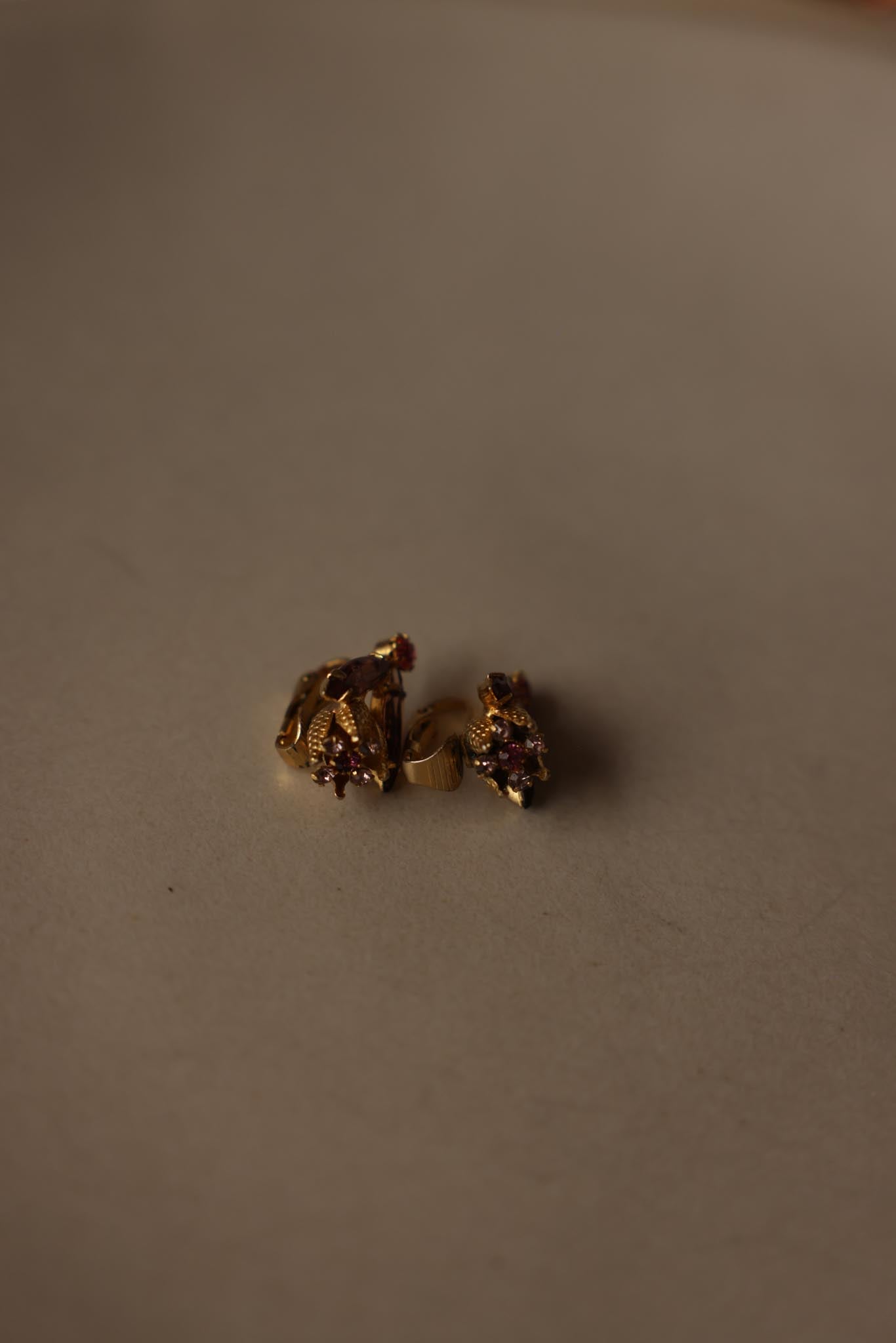 10K Gold Pink Rhinestone Clip-On Earrings-1950s