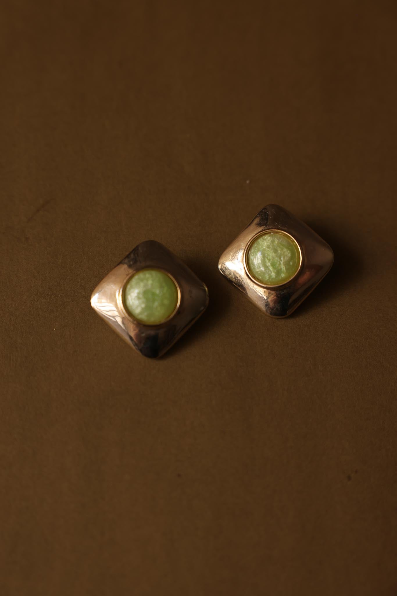 Square Gold-Tone Clip-On Earrings with Green Center|Vintage Baazaar 