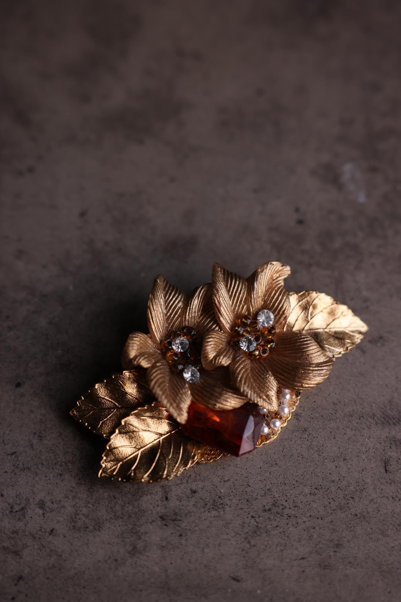 Gold-Tone Floral Brooch with Amber Resin Accent