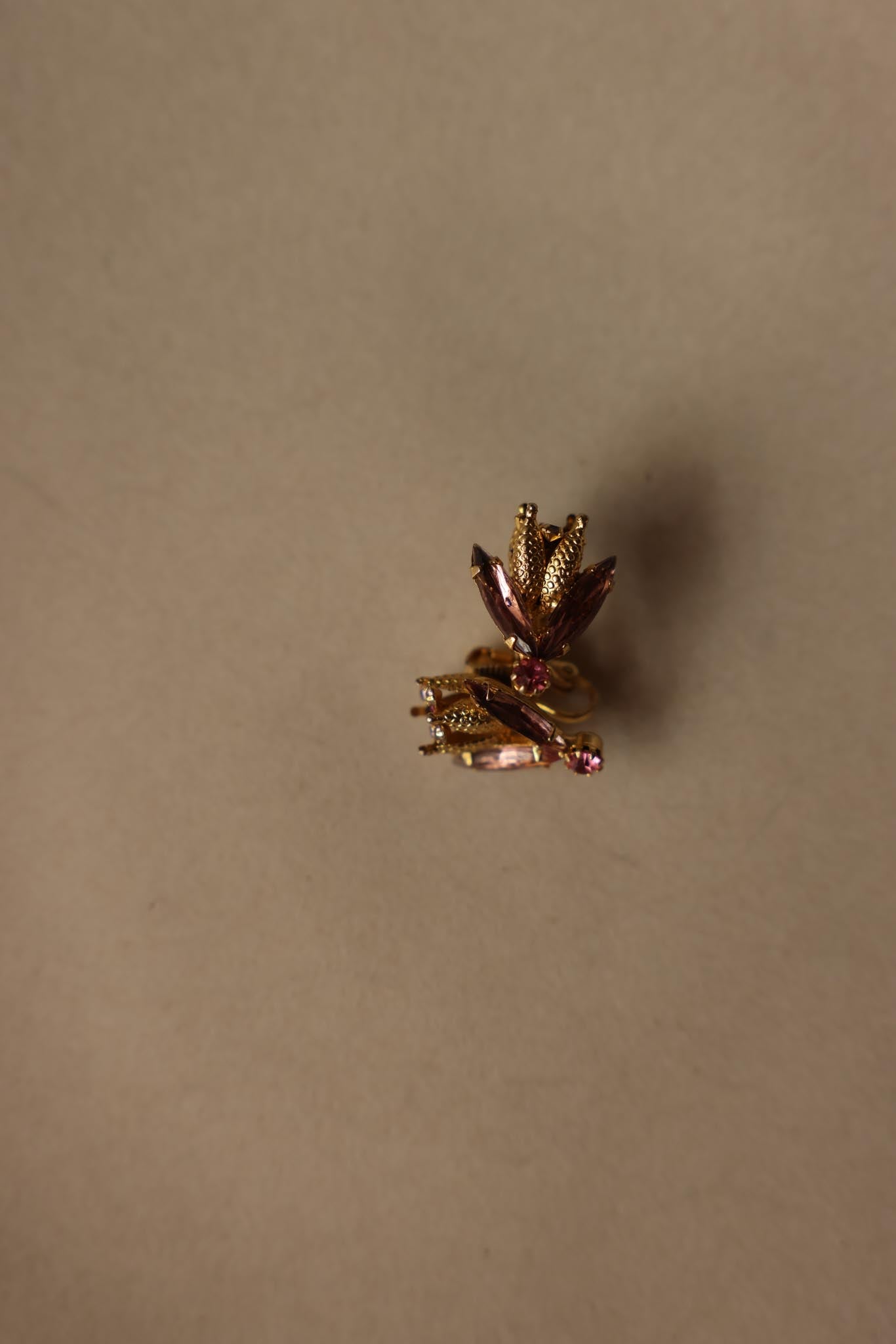 10K Gold Pink Rhinestone Clip-On Earrings-1950s