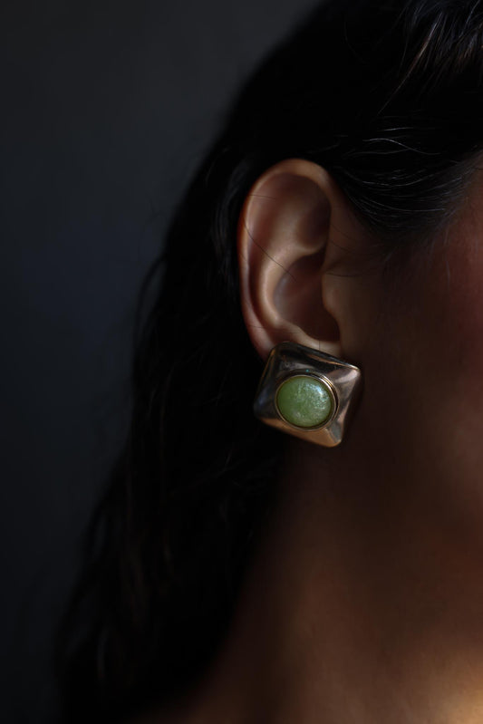 Square Gold-Tone Clip-On Earrings with Green Center|Vintage Baazaar 