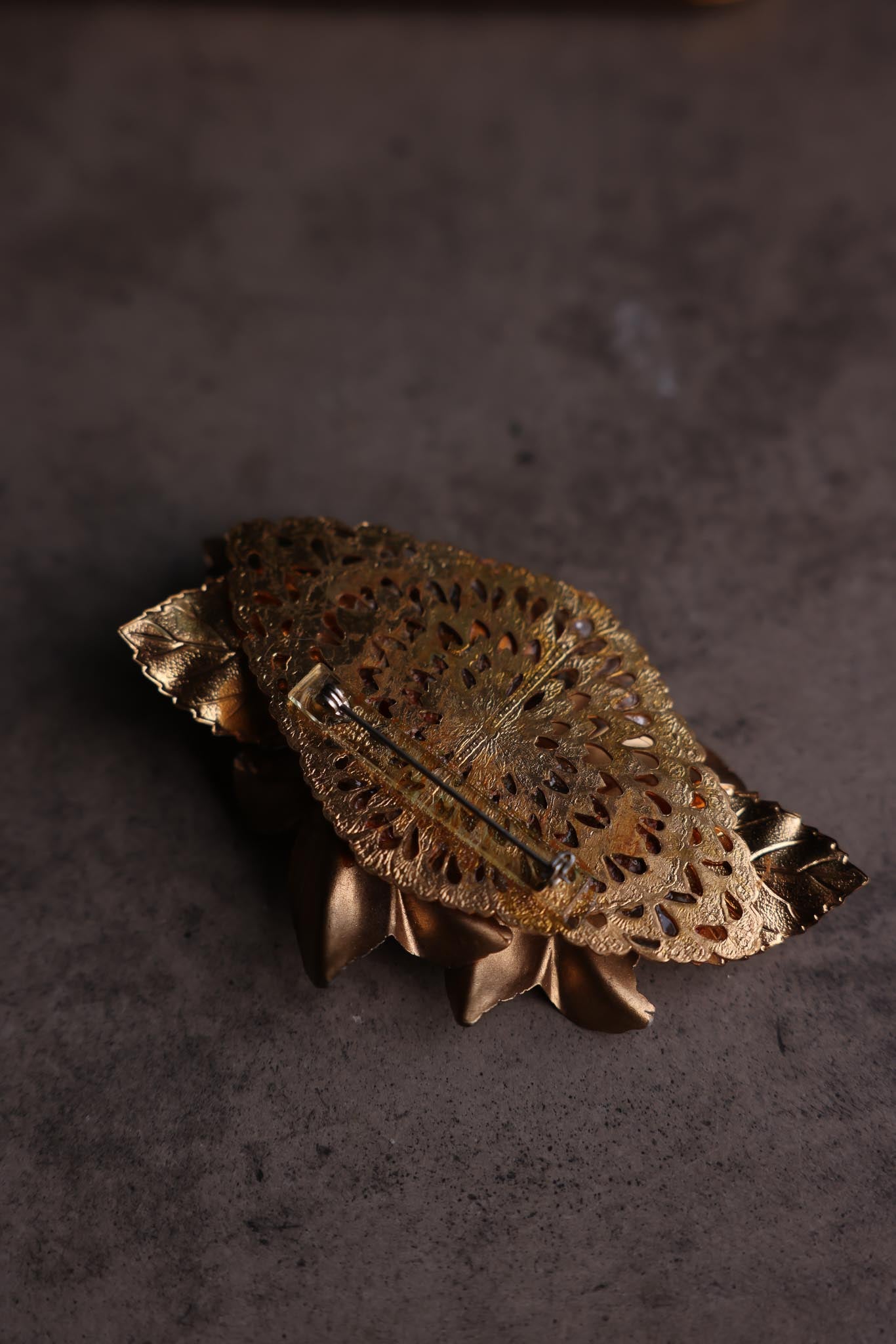 Gold-Tone Floral Brooch with Amber Resin Accent