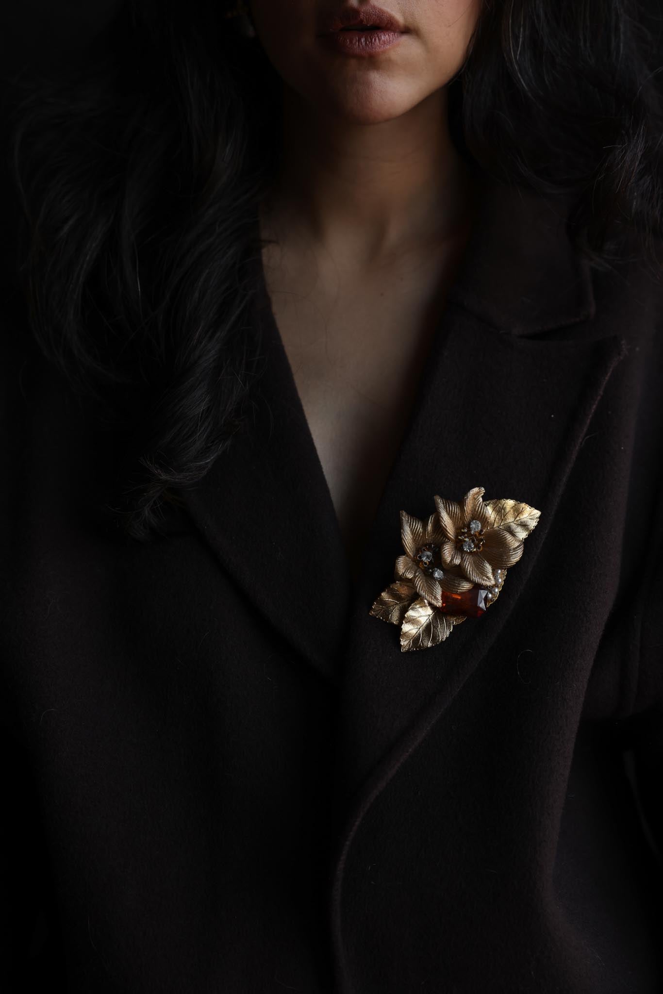 Gold-Tone Floral Brooch with Amber Resin Accent