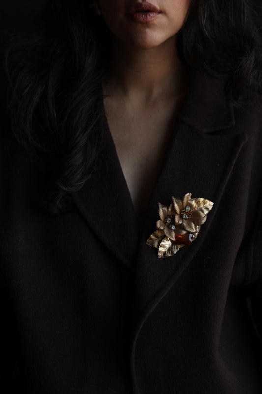 Gold-Tone Floral Brooch with Amber Resin Accent