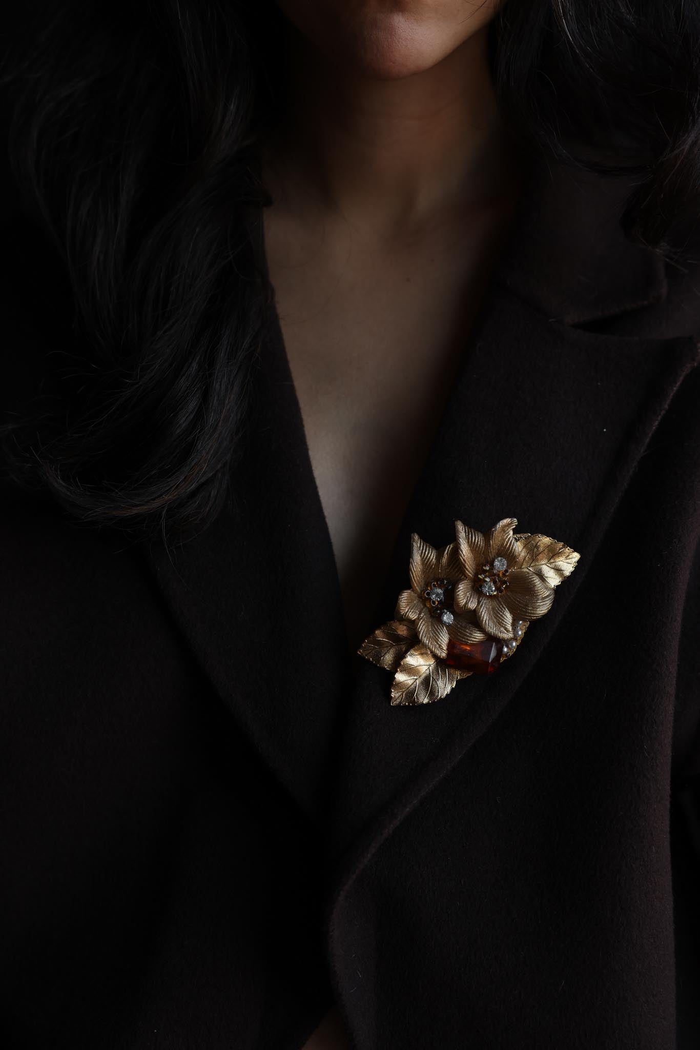 Gold-Tone Floral Brooch with Amber Resin Accent