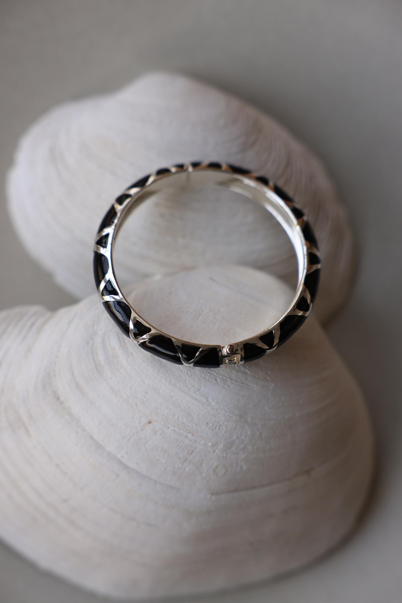 Silver-Tone & Black Hinged Bracelet|Vintage Baazaar 
