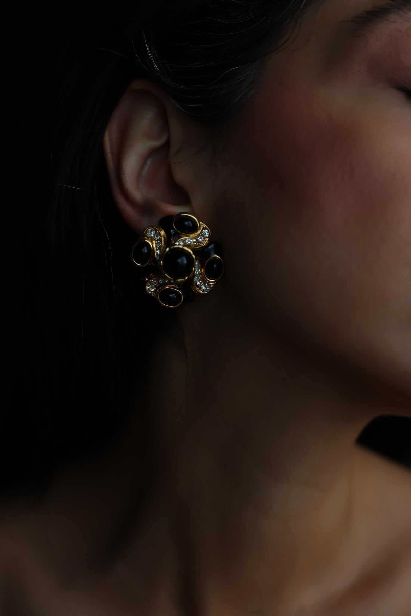 Black Cabochon Rhinestone Clip-On Earrings