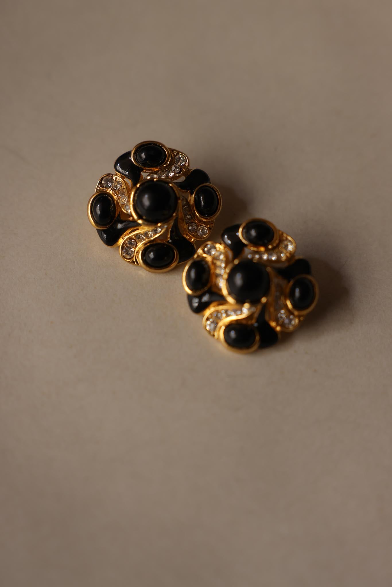 Black Cabochon Rhinestone Clip-On Earrings