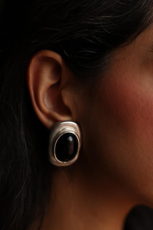 Silver & Black Cabochon Clip-On Earrings|Vintage Baazaar 