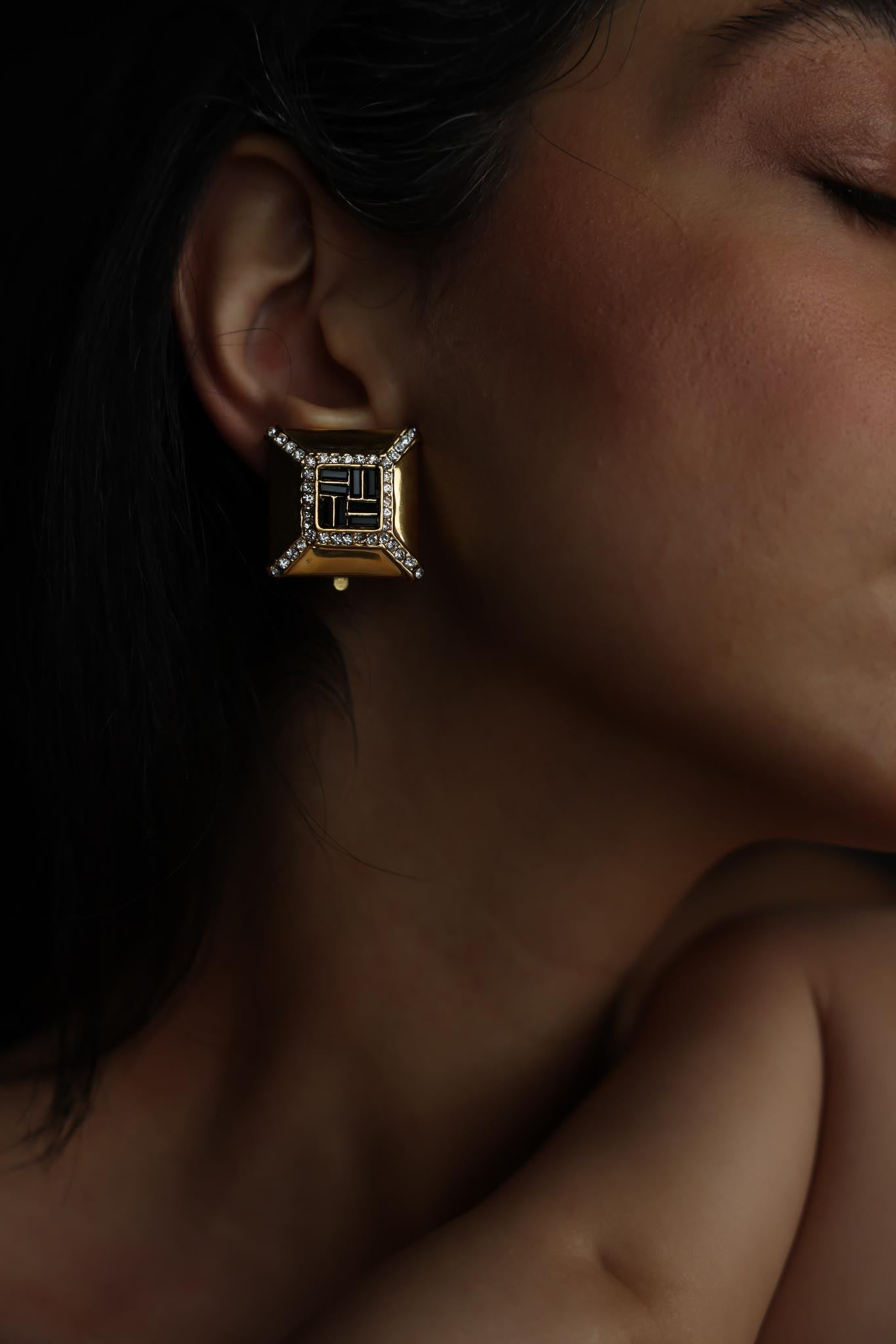 Square Black Rhinestone Clip-On Earrings