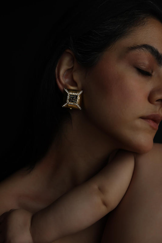 Square Black Rhinestone Clip-On Earrings