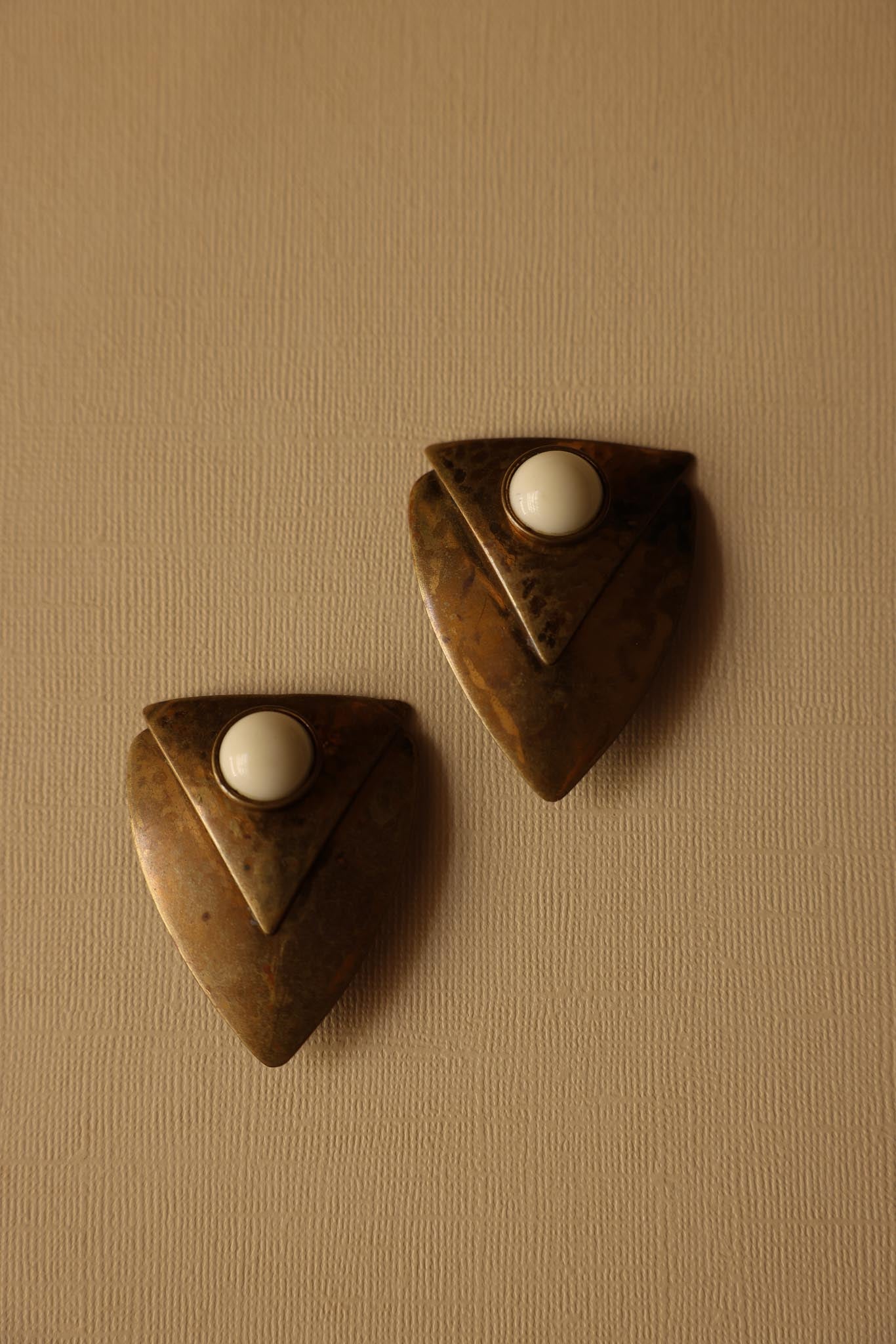 Brass Shield Clip-On Earrings with Cream Center|Vintage Baazaar 