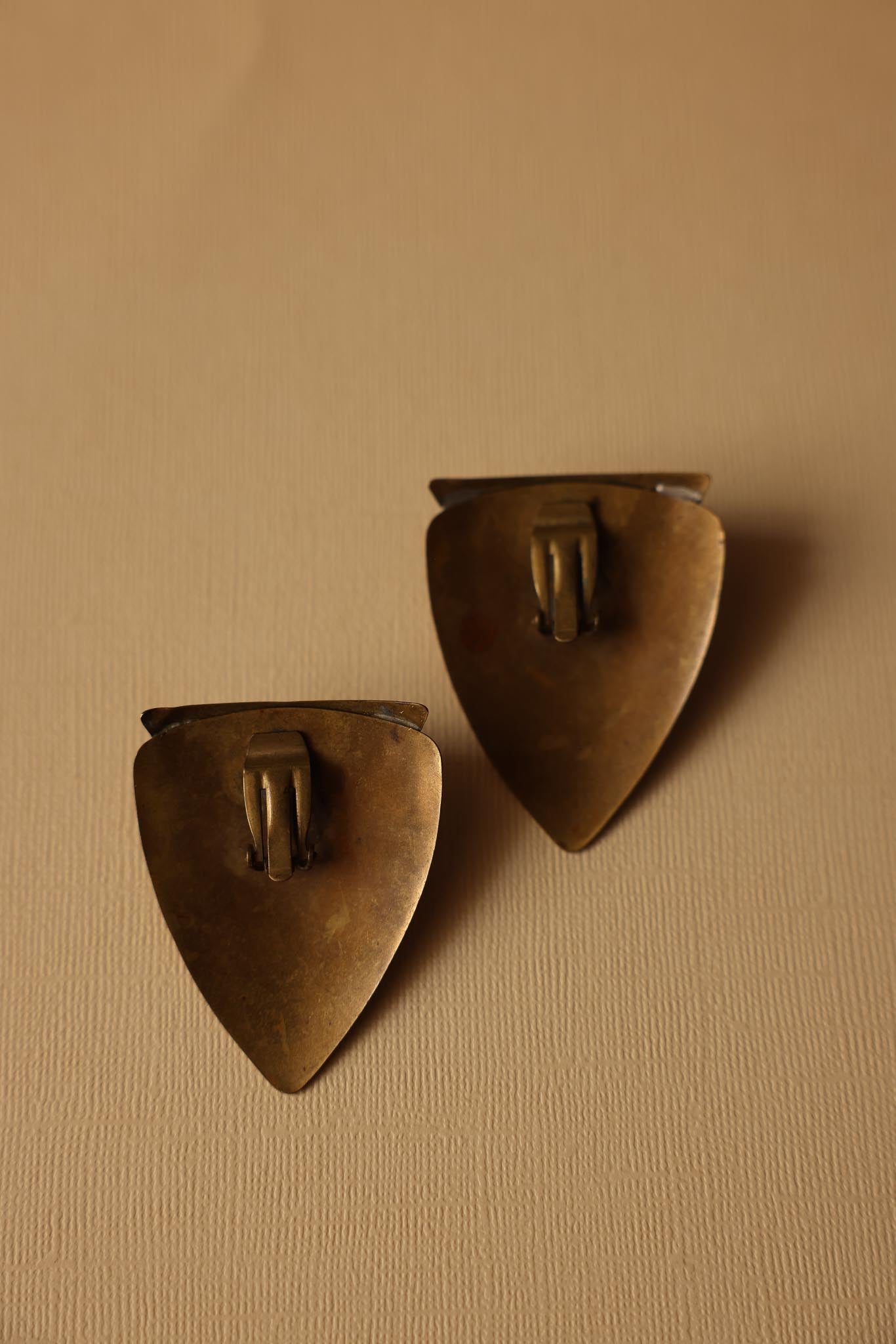 Brass Shield Clip-On Earrings with Cream Center|Vintage Baazaar 