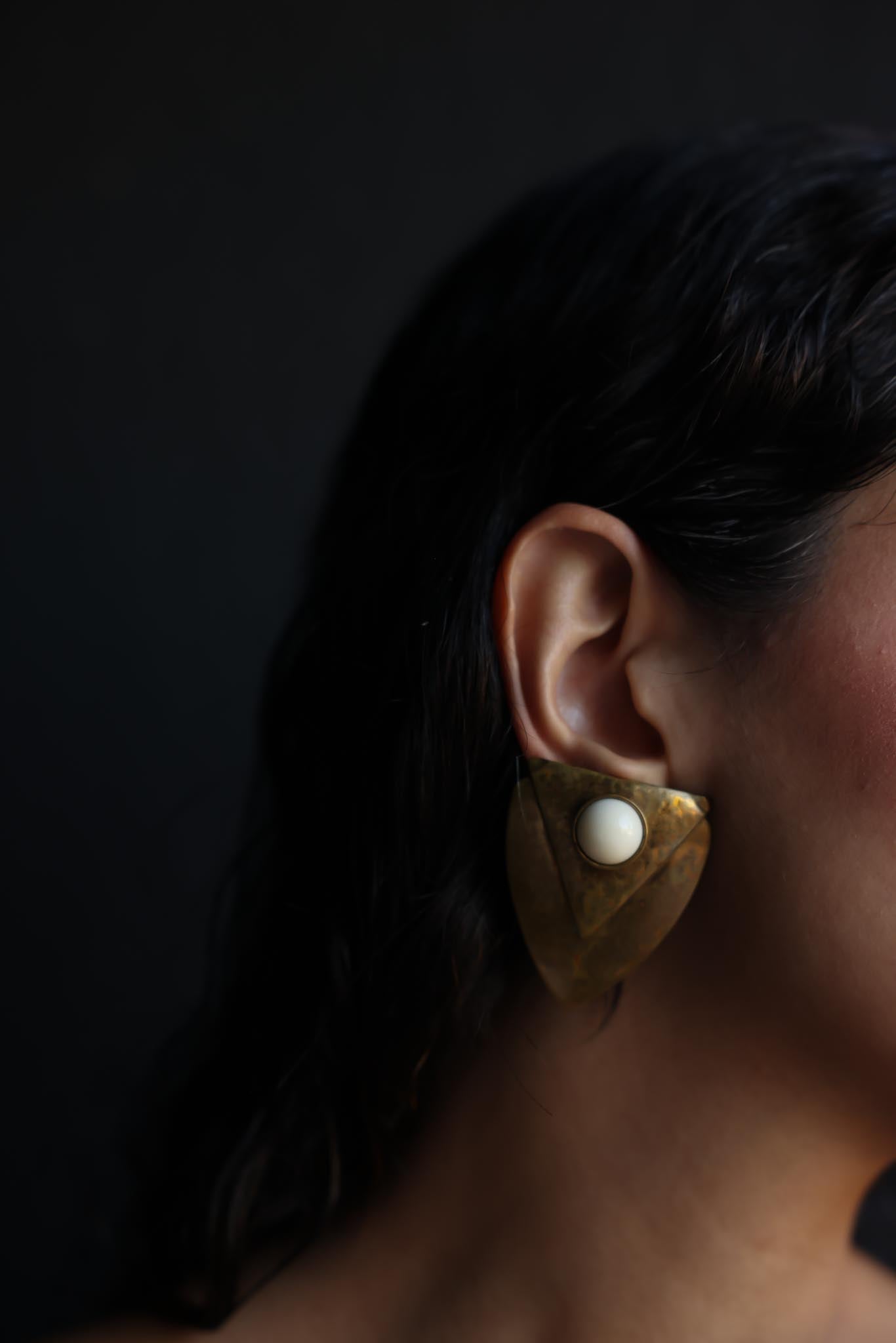 Brass Shield Clip-On Earrings with Cream Center|Vintage Baazaar 