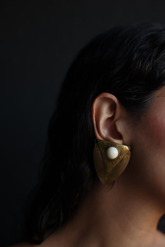 Brass Shield Clip-On Earrings with Cream Center|Vintage Baazaar 
