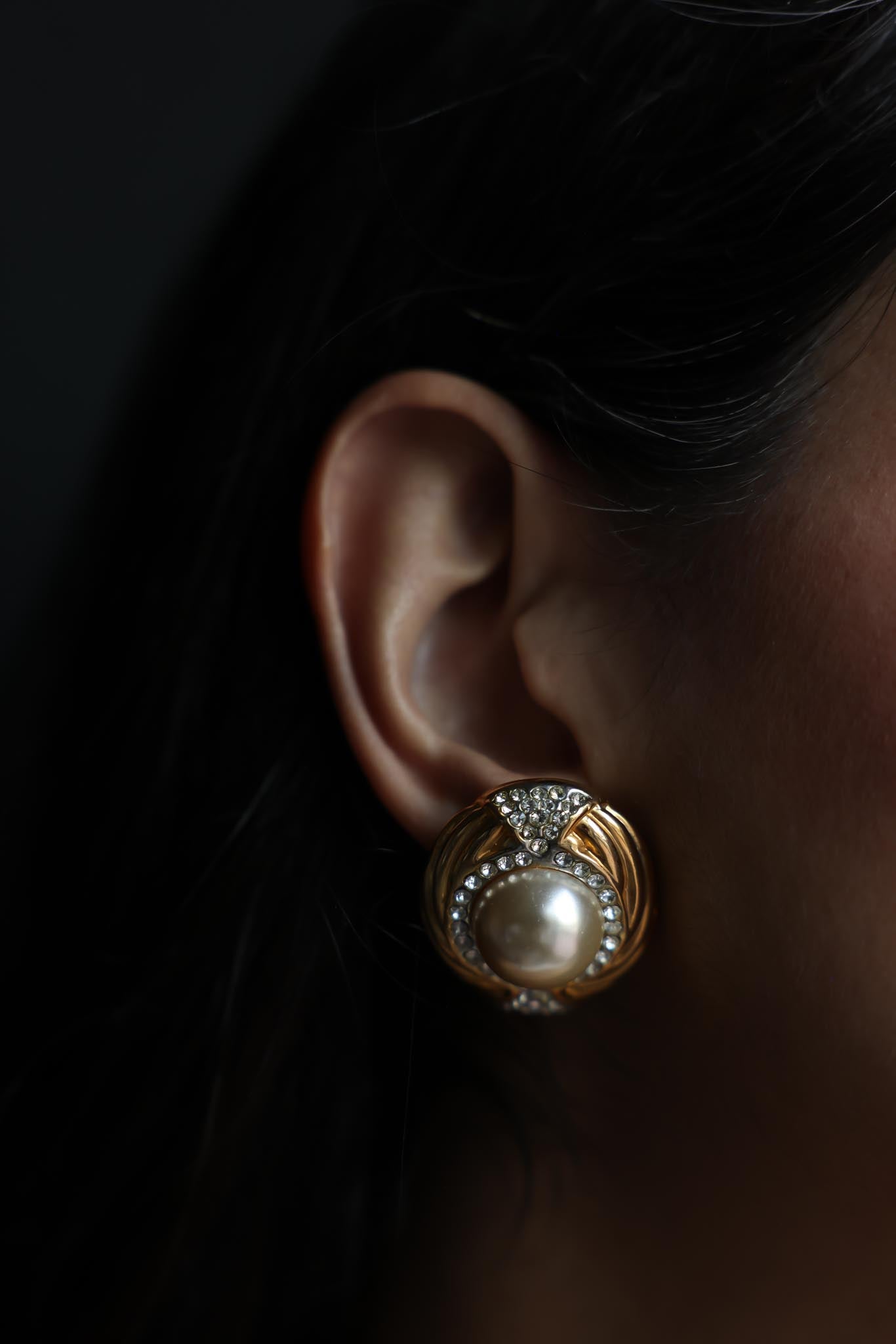 Gold-Tone Clip-On Earrings with Faux Pearl and Rhinestones