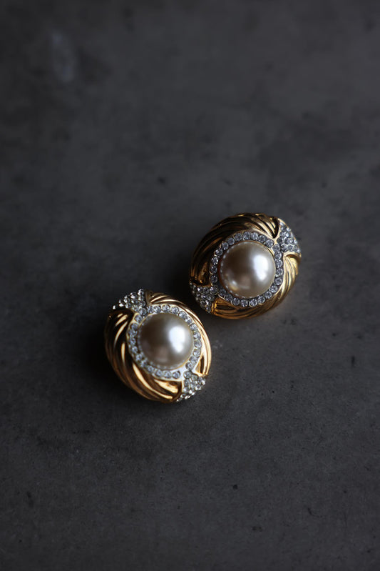 Gold-Tone Clip-On Earrings with Faux Pearl and Rhinestones