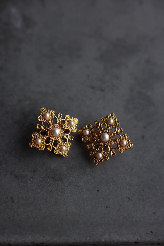 Gold-Tone Filigree Clip-On Earrings with Faux Pearls (Signed LCi)