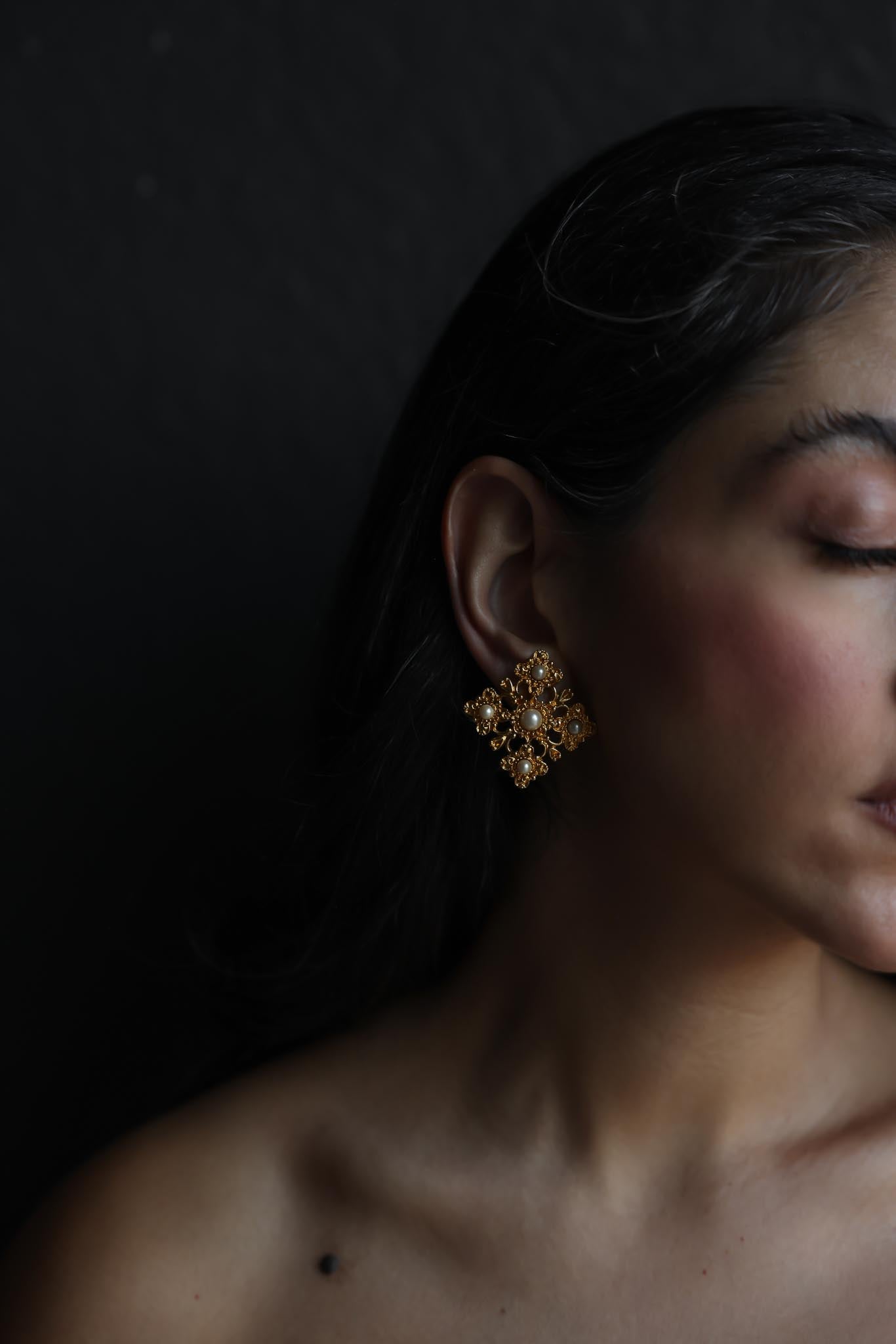 Gold-Tone Filigree Clip-On Earrings with Faux Pearls (Signed LCi)