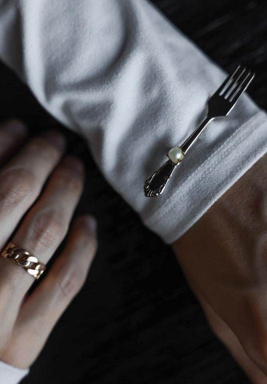 Silver-Tone Fork Brooch with Faux Pearl Accent