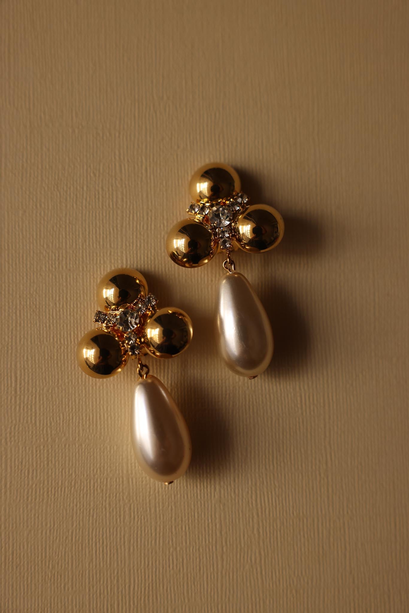 Gold Teardrop Pearl Clip-On Earrings with Rhinestones|Vintage Baazaar 