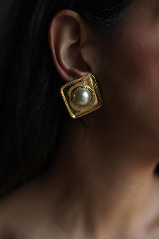 Gold-Tone Square Clip-On Earrings with Faux Pearls