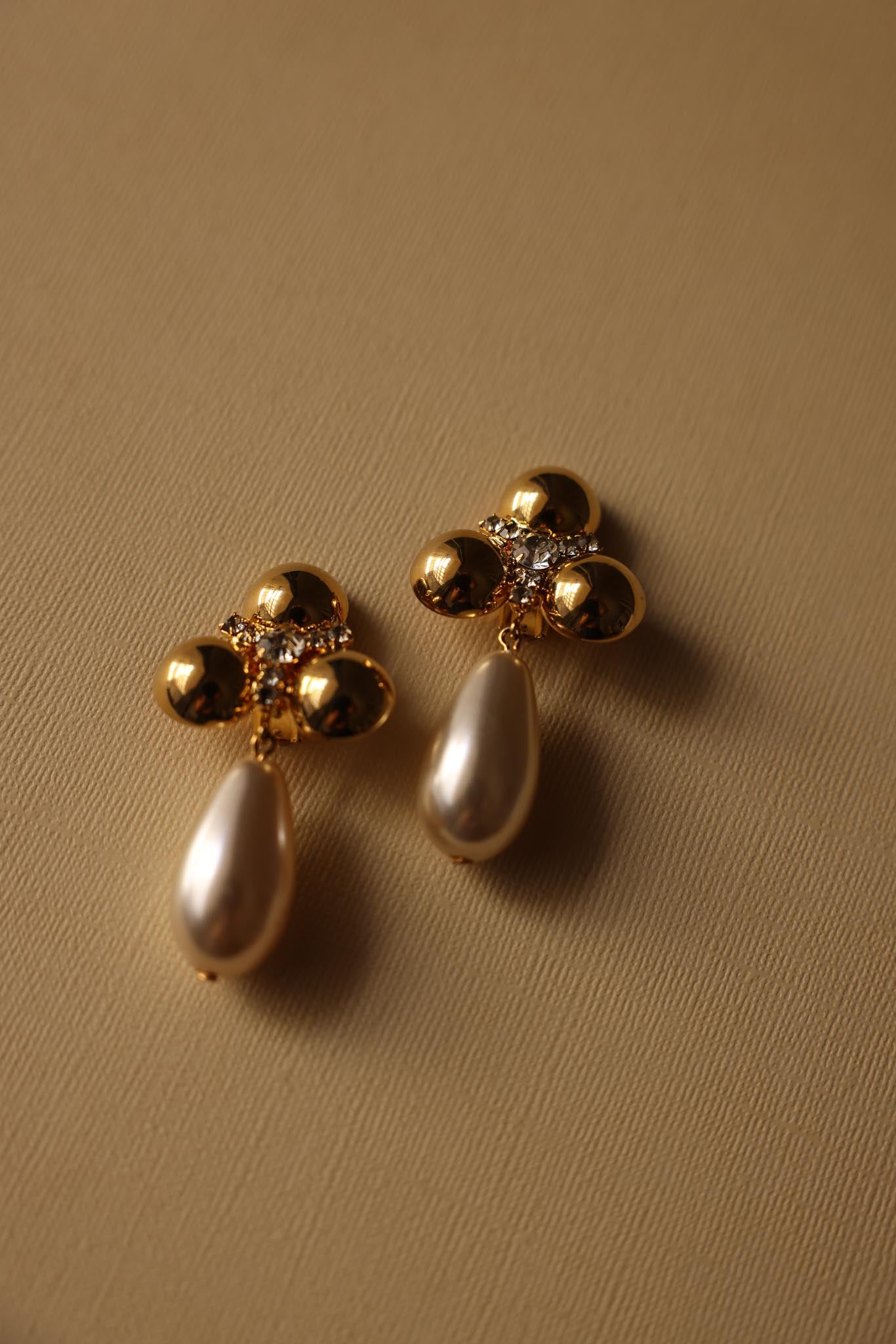 Gold Teardrop Pearl Clip-On Earrings with Rhinestones|Vintage Baazaar 