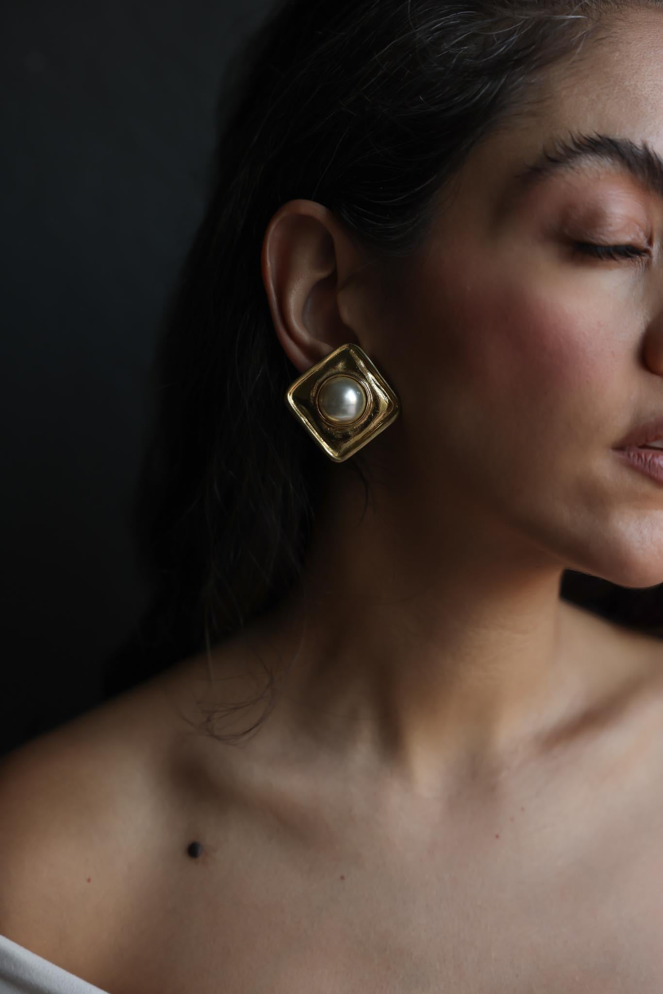 Gold-Tone Square Clip-On Earrings with Faux Pearls