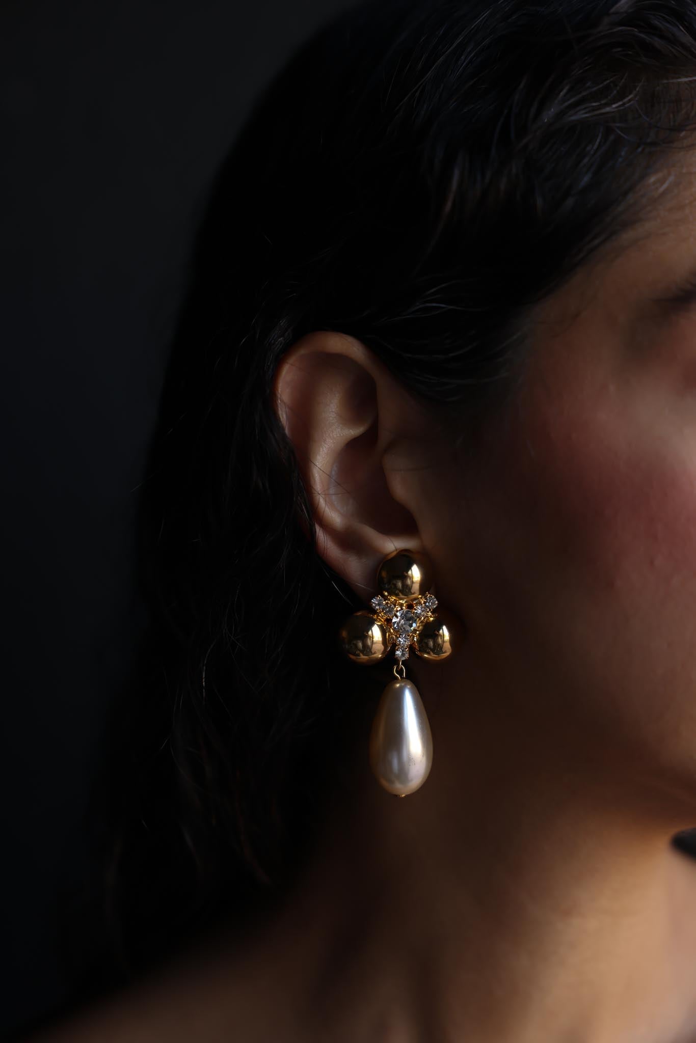Gold Teardrop Pearl Clip-On Earrings with Rhinestones|Vintage Baazaar 