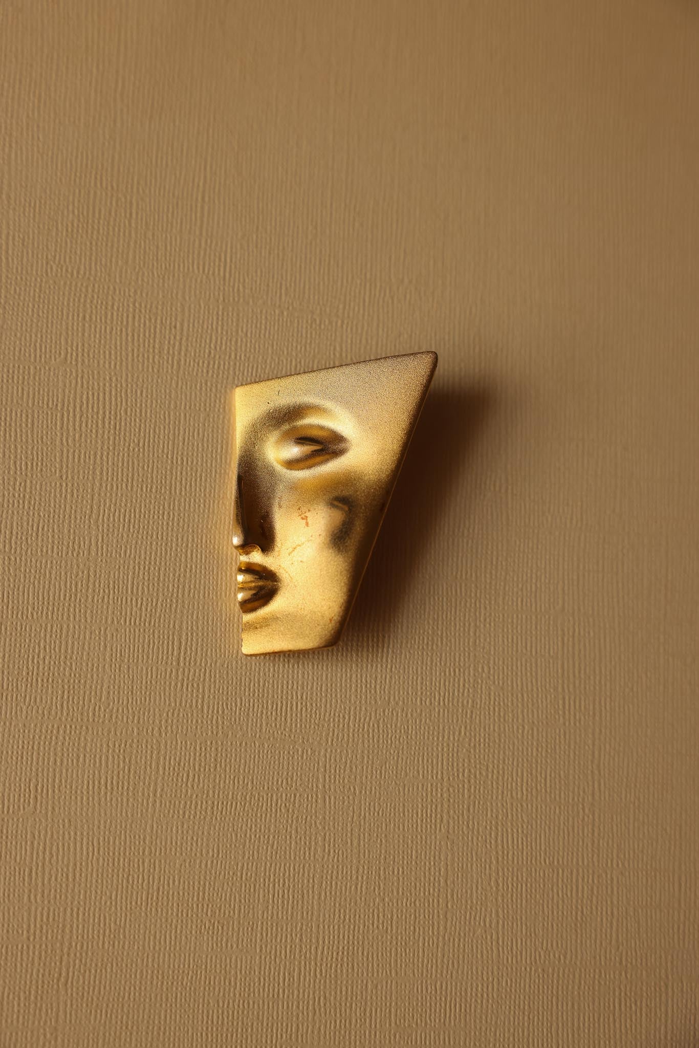 Matte Gold Abstract Face Brooch with Sculptural Angles|Vintage Baazaar 