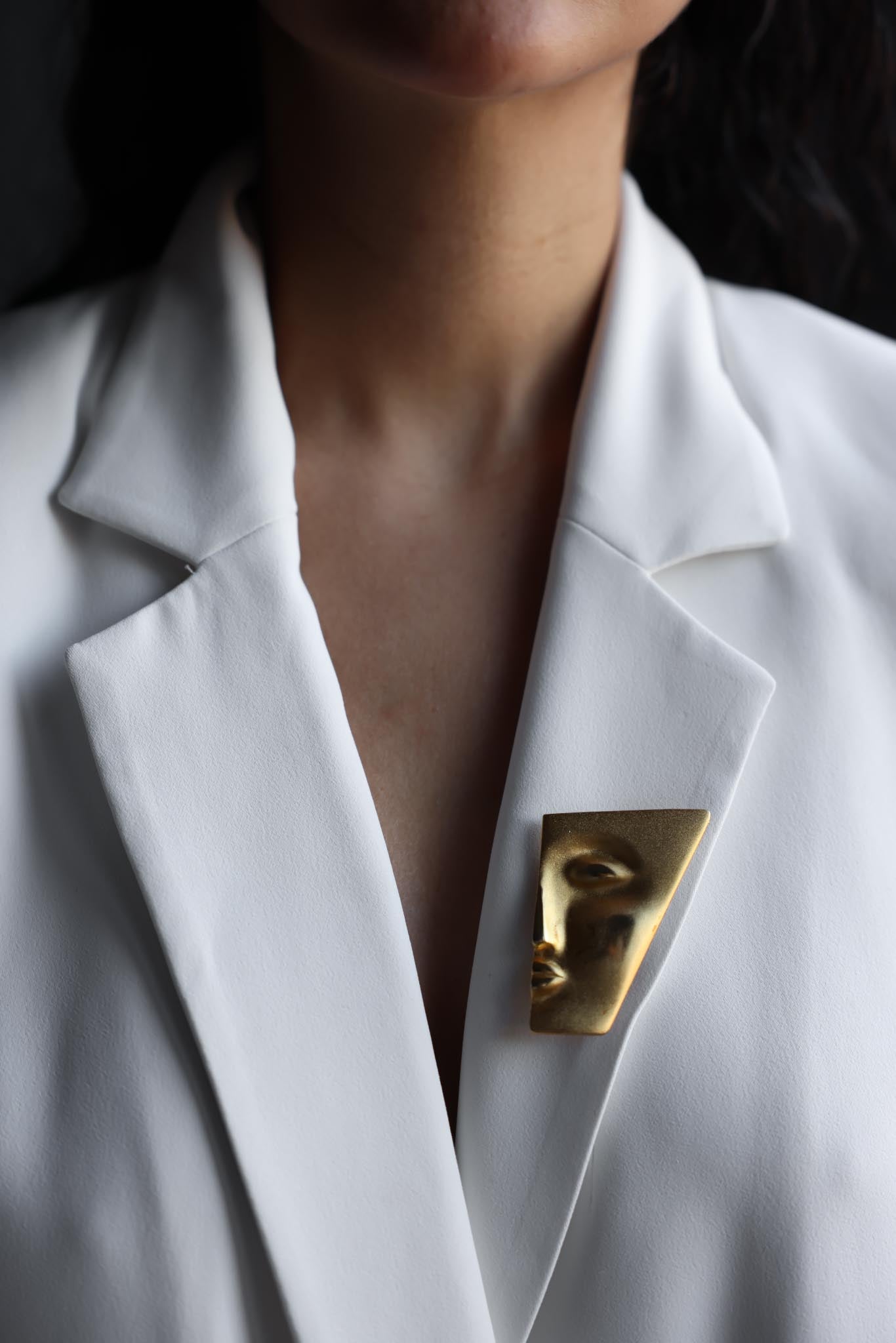 Matte Gold Abstract Face Brooch with Sculptural Angles|Vintage Baazaar 