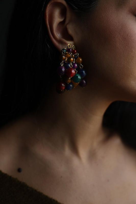 Vintage Gold Tone Multicolor Beaded Cluster Clip-On Earrings|Vintage Baazaar 