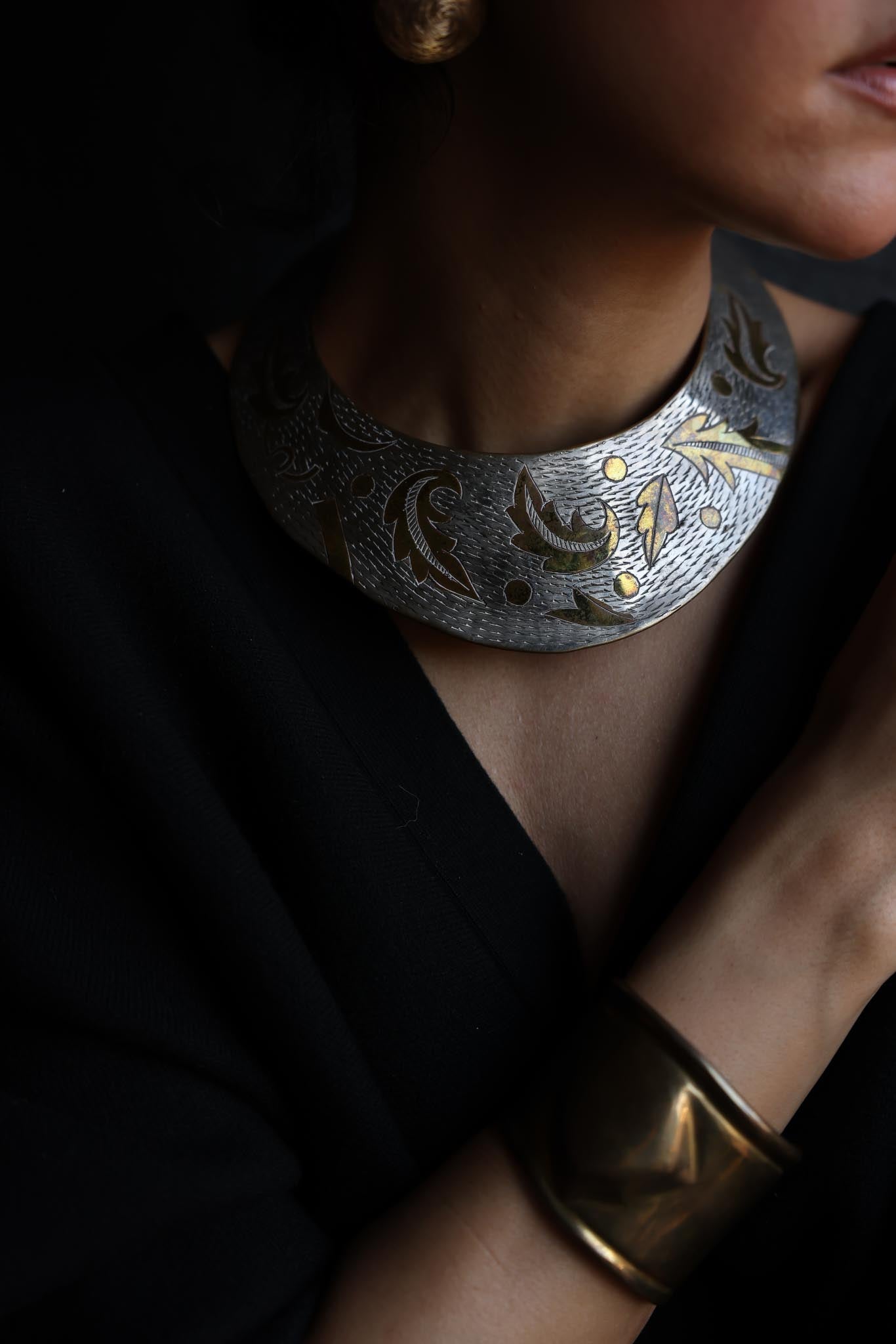 Vintage Silver & Brass Collar Necklace|Vintage Baazaar 