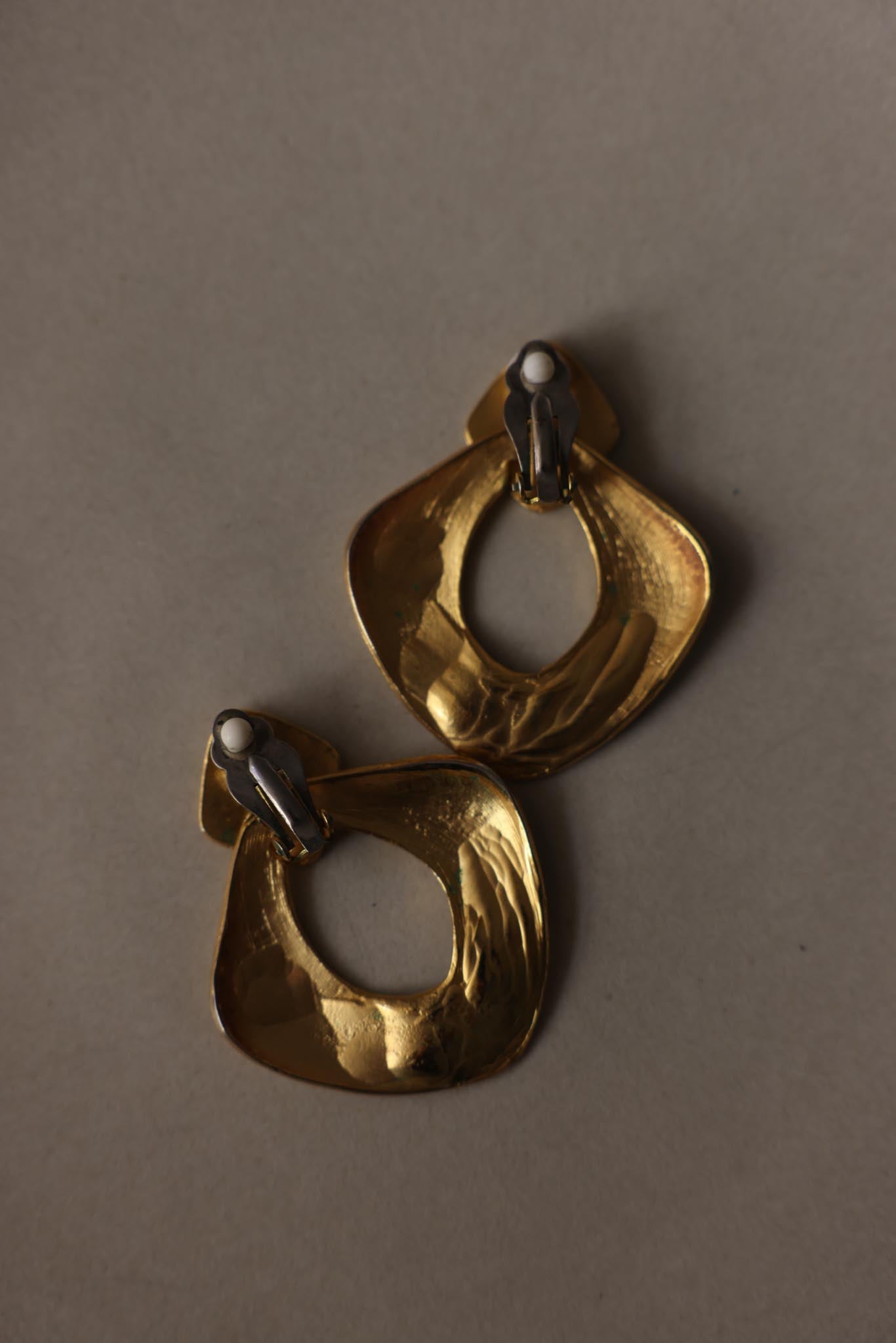 Vintage Hammered Matte Gold Open Hoop Clip-On Statement Earrings