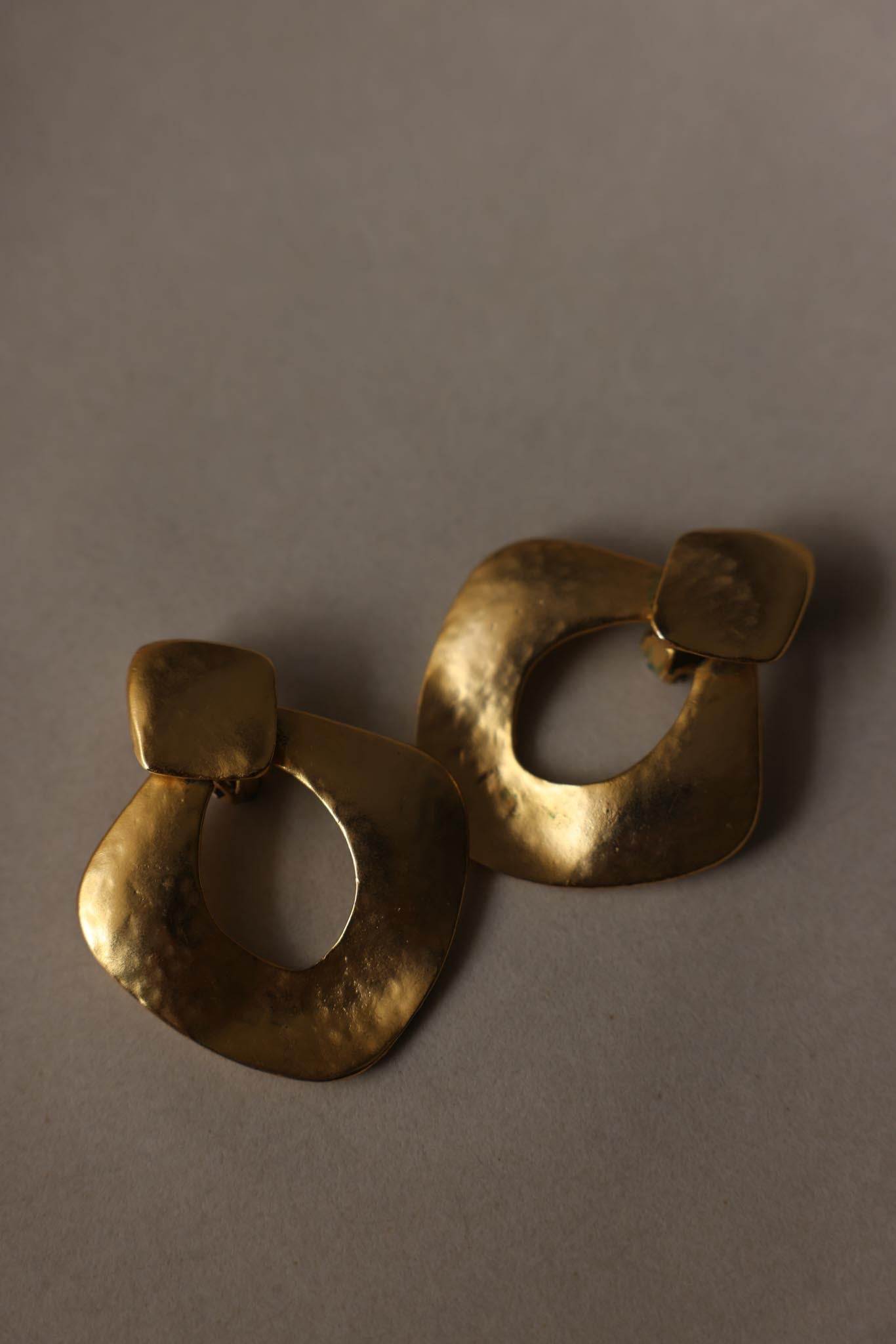 Vintage Hammered Matte Gold Open Hoop Clip-On Statement Earrings