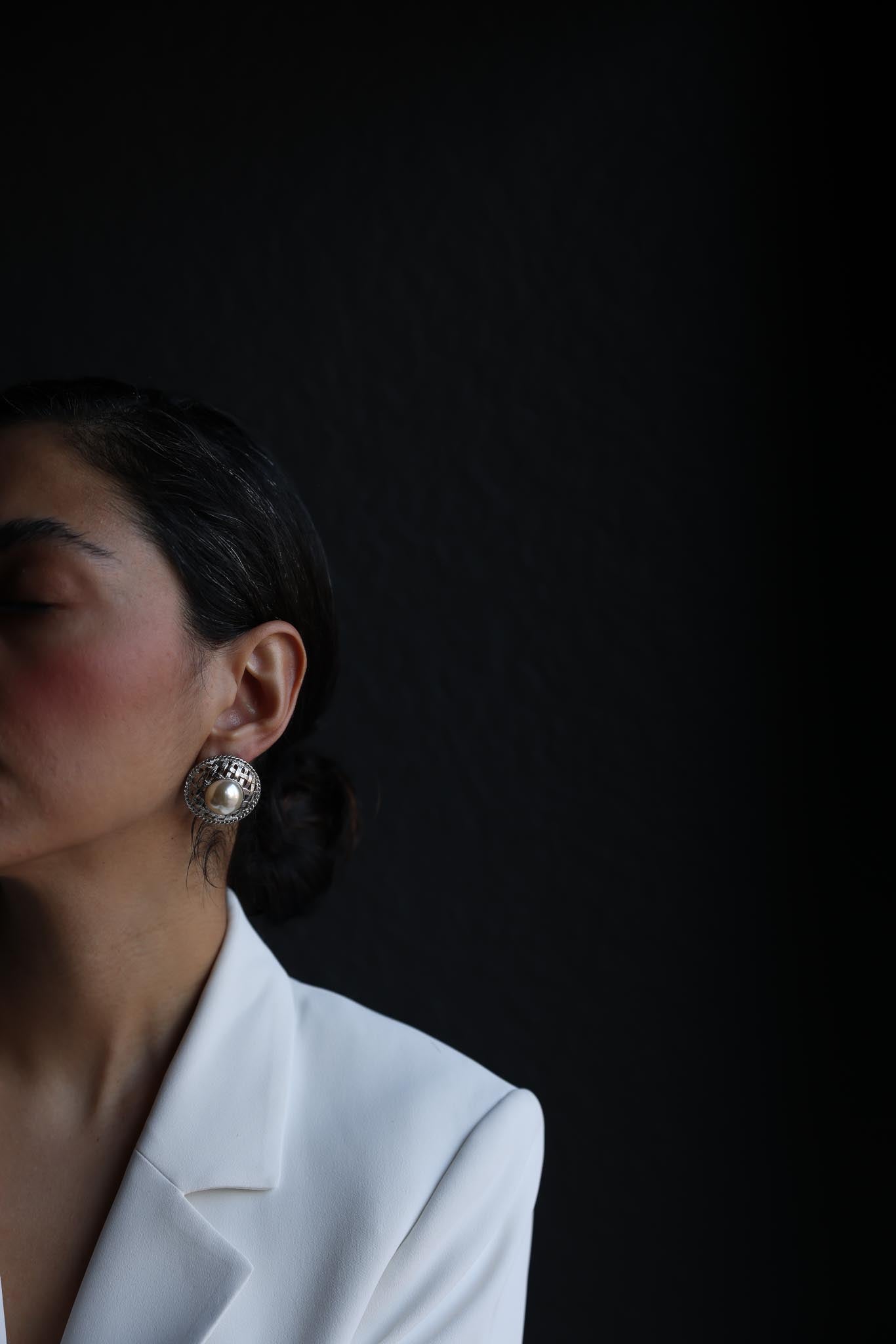 Silver-Tone Woven Dome Earrings with Faux Pearl|Vintage Baazaar 