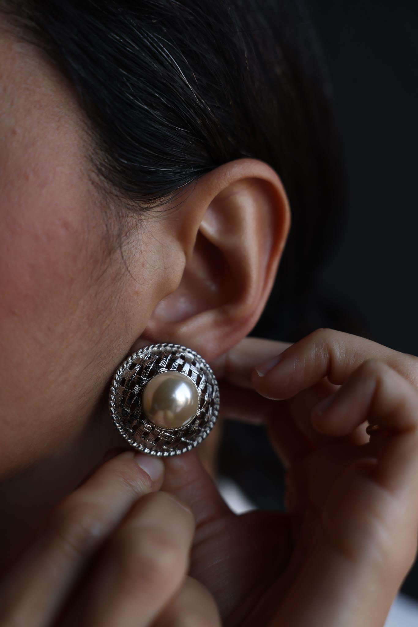 Silver-Tone Woven Dome Earrings with Faux Pearl|Vintage Baazaar 