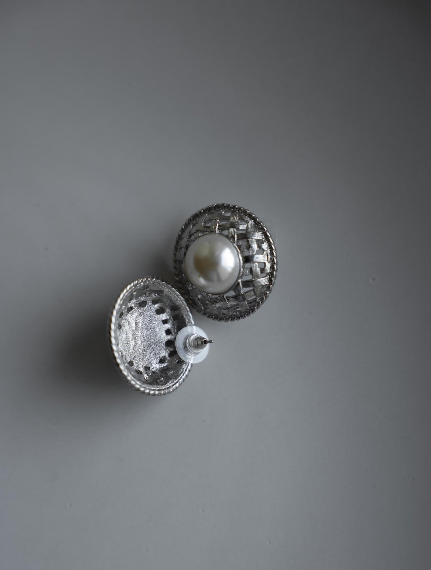Silver-Tone Woven Dome Earrings with Faux Pearl|Vintage Baazaar 