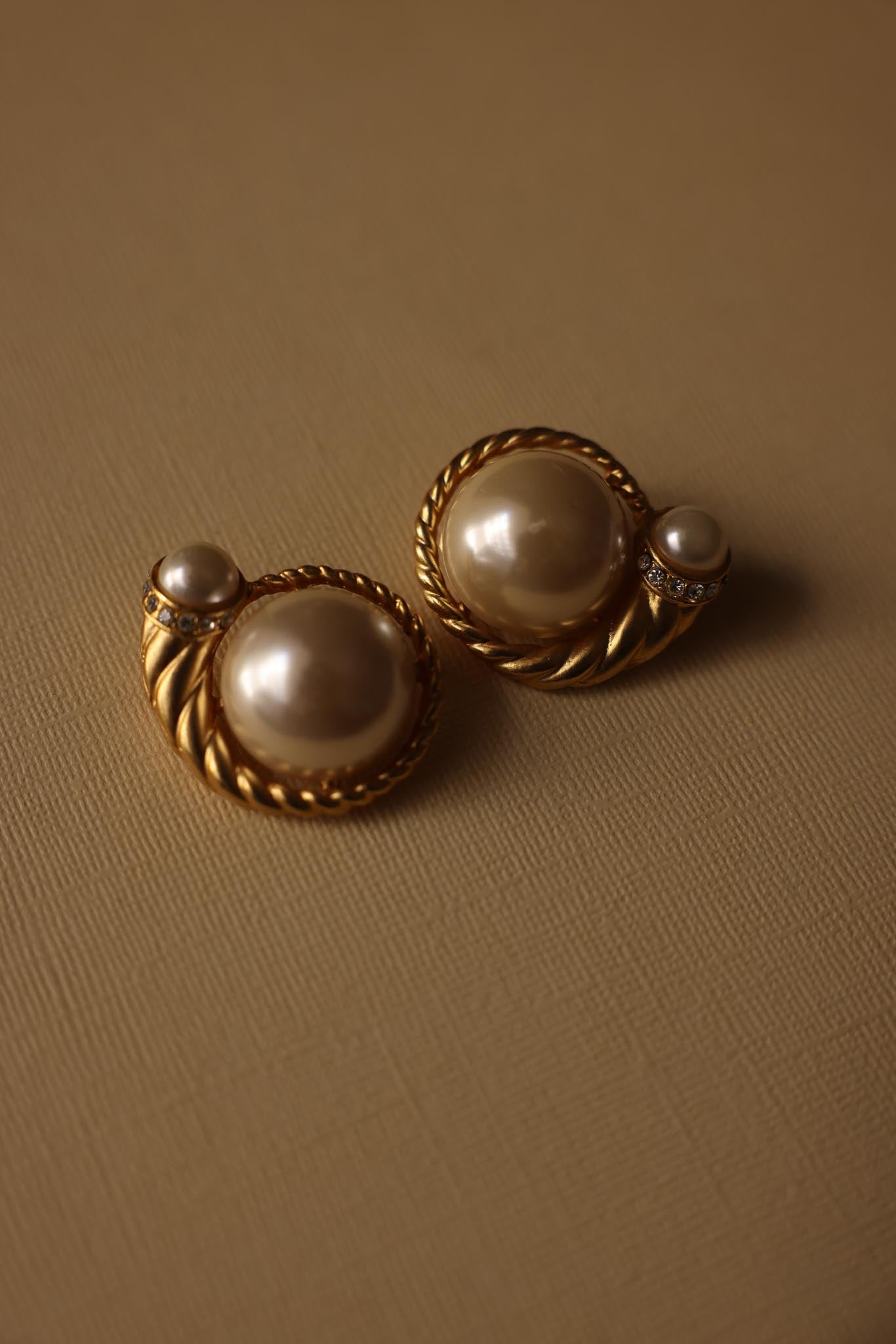 Matte Gold Clip-On Earrings with Faux Pearls and Rhinestones|Vintage Baazaar 