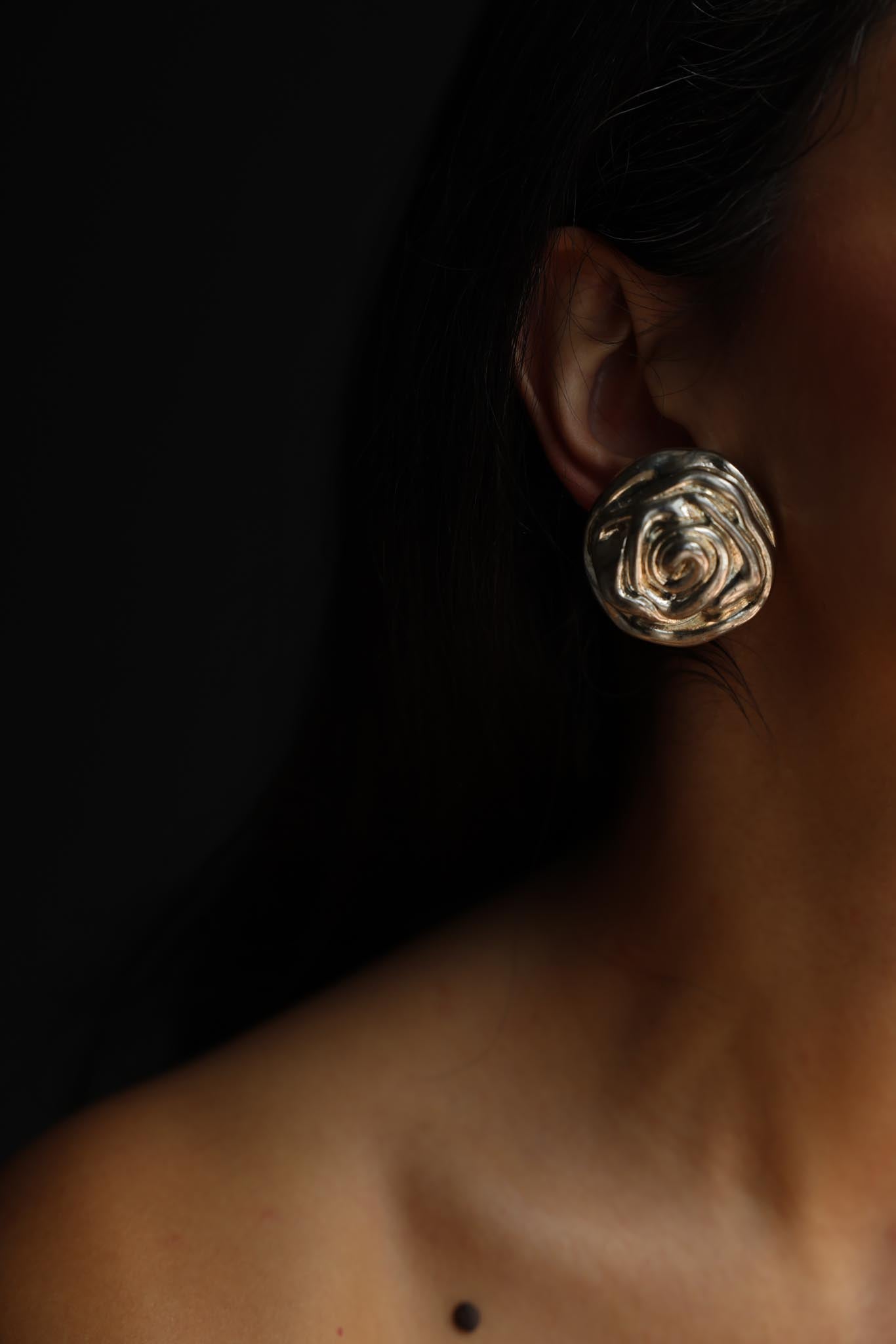 1980s French Silver-Tone Rose Clip-On Earrings