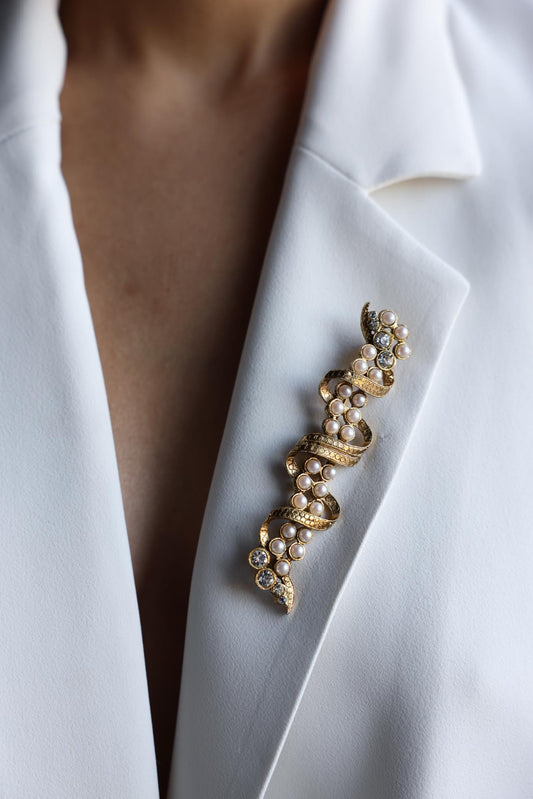 Gold-Plated Faux Pearl Spiral Brooch with Rhinestones|Vintage Baazaar 