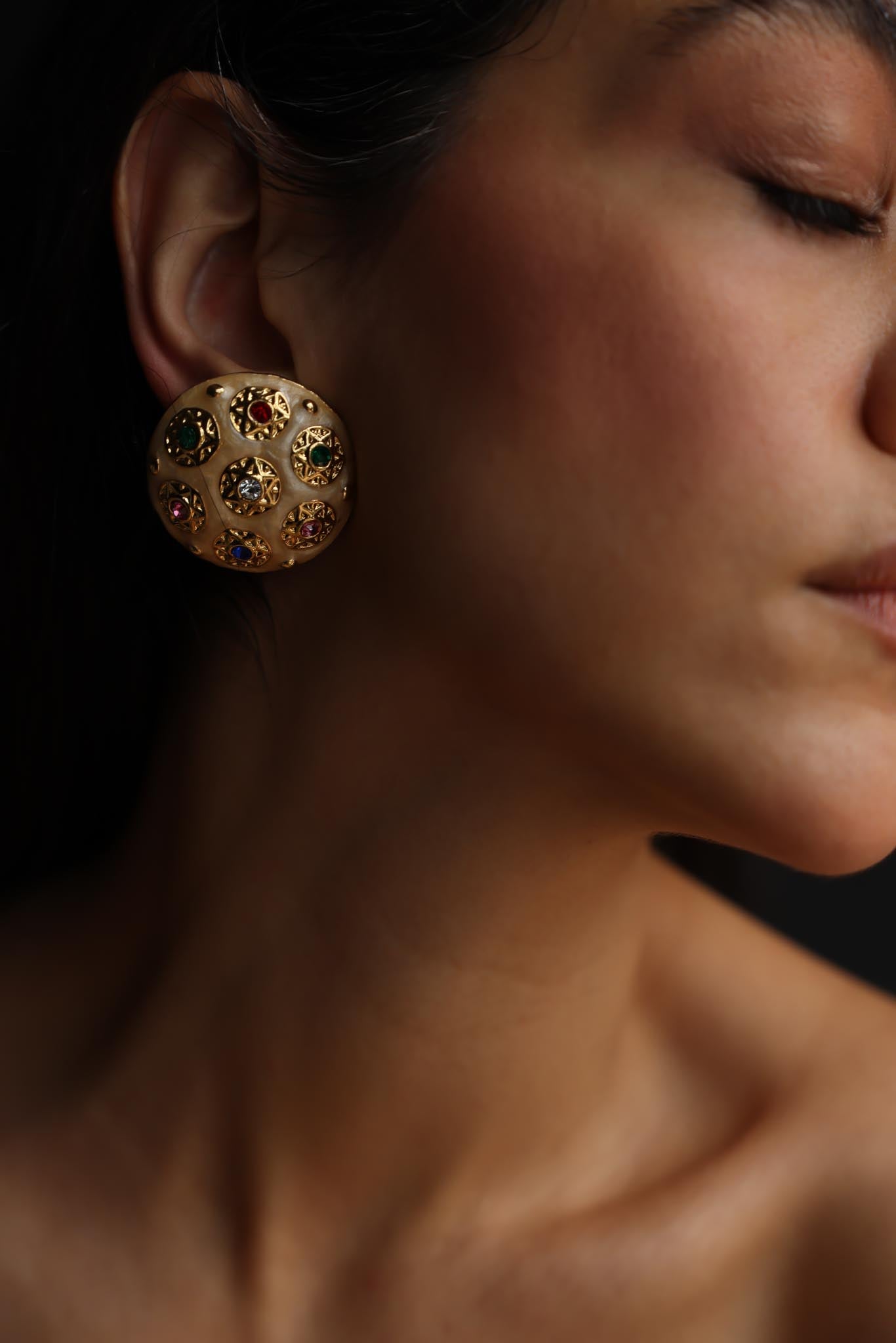 Round Ivory Enamel and Multicolor Rhinestone Clip-On Earrings