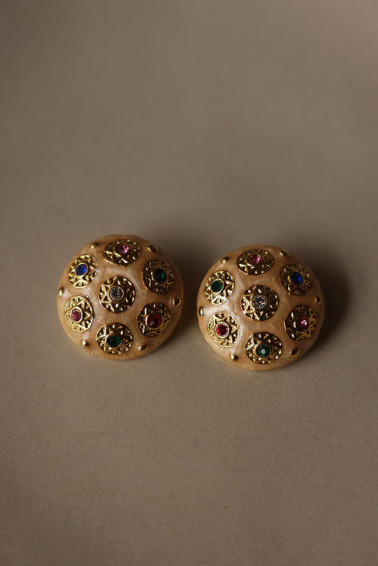 Round Ivory Enamel and Multicolor Rhinestone Clip-On Earrings