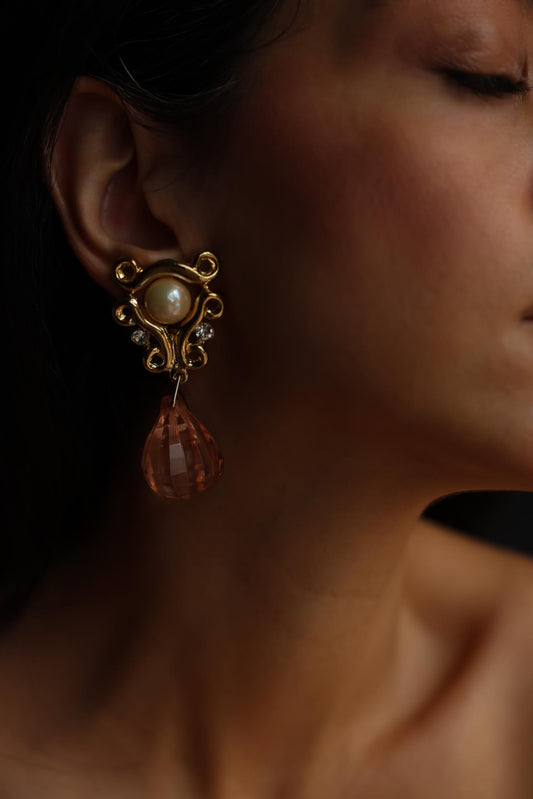 Gold-Tone Pearl & Blush Faceted Drop Clip-On Earrings