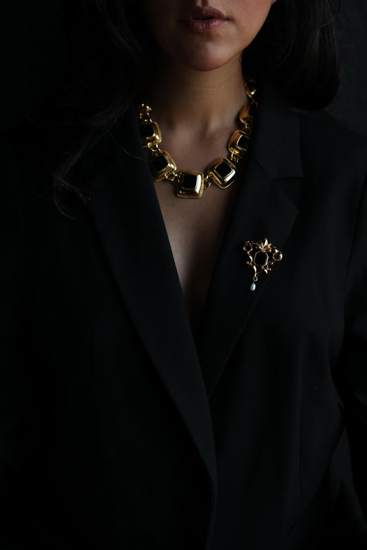 Avon Gold-Tone Brooch with Black Onyx and Freshwater Pearl Drop