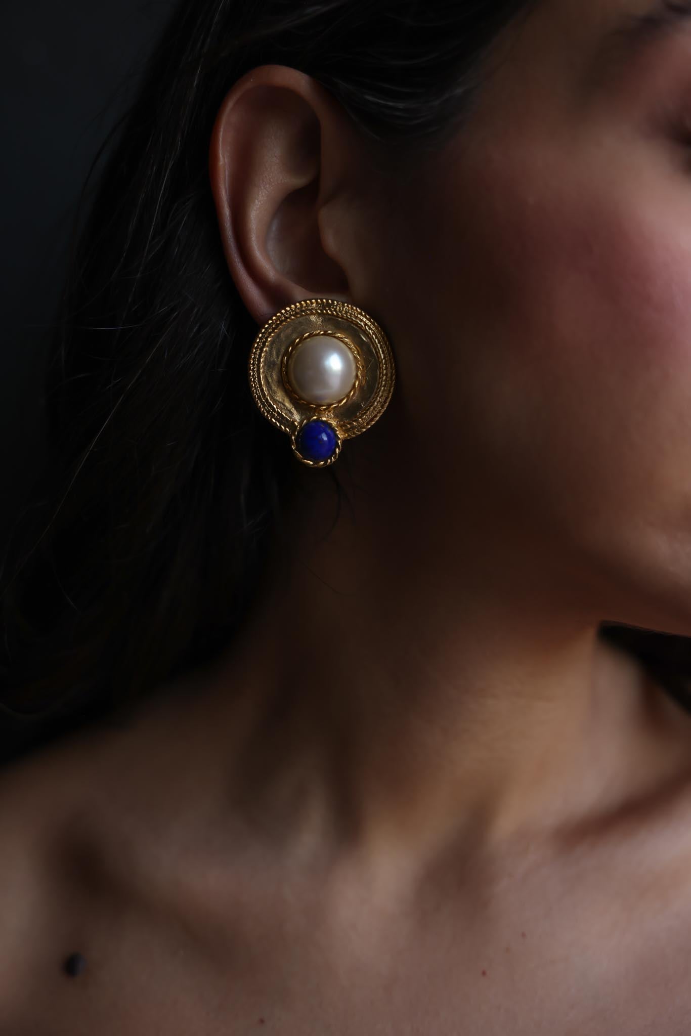 Les Bernard Gold-Tone Faux Pearl and Blue Cabochon Clip-On Earrings