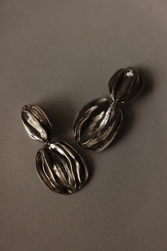 Silvertone Sculptural Ribbed Clip-On Statement Earrings