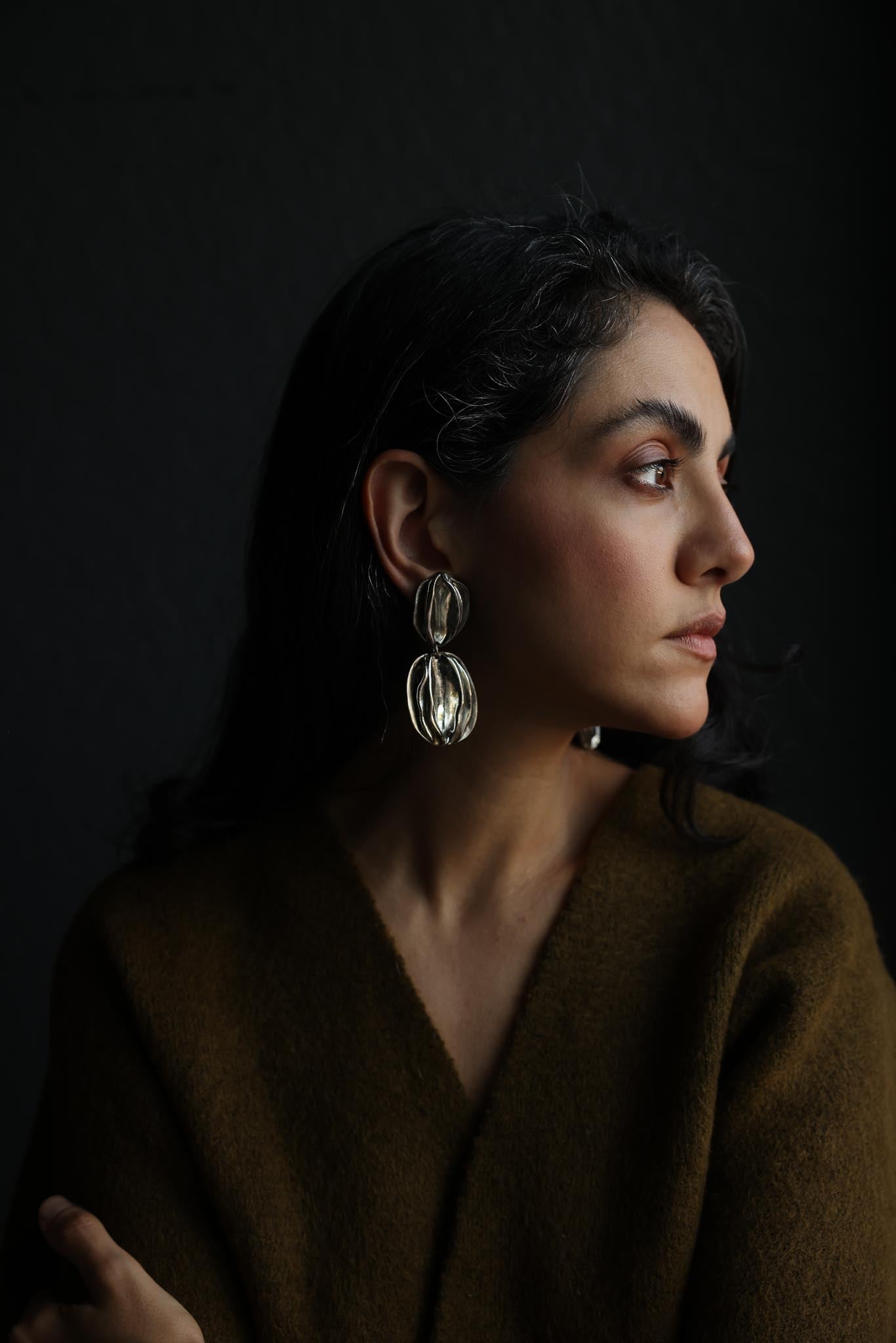 Silvertone Sculptural Ribbed Clip-On Statement Earrings