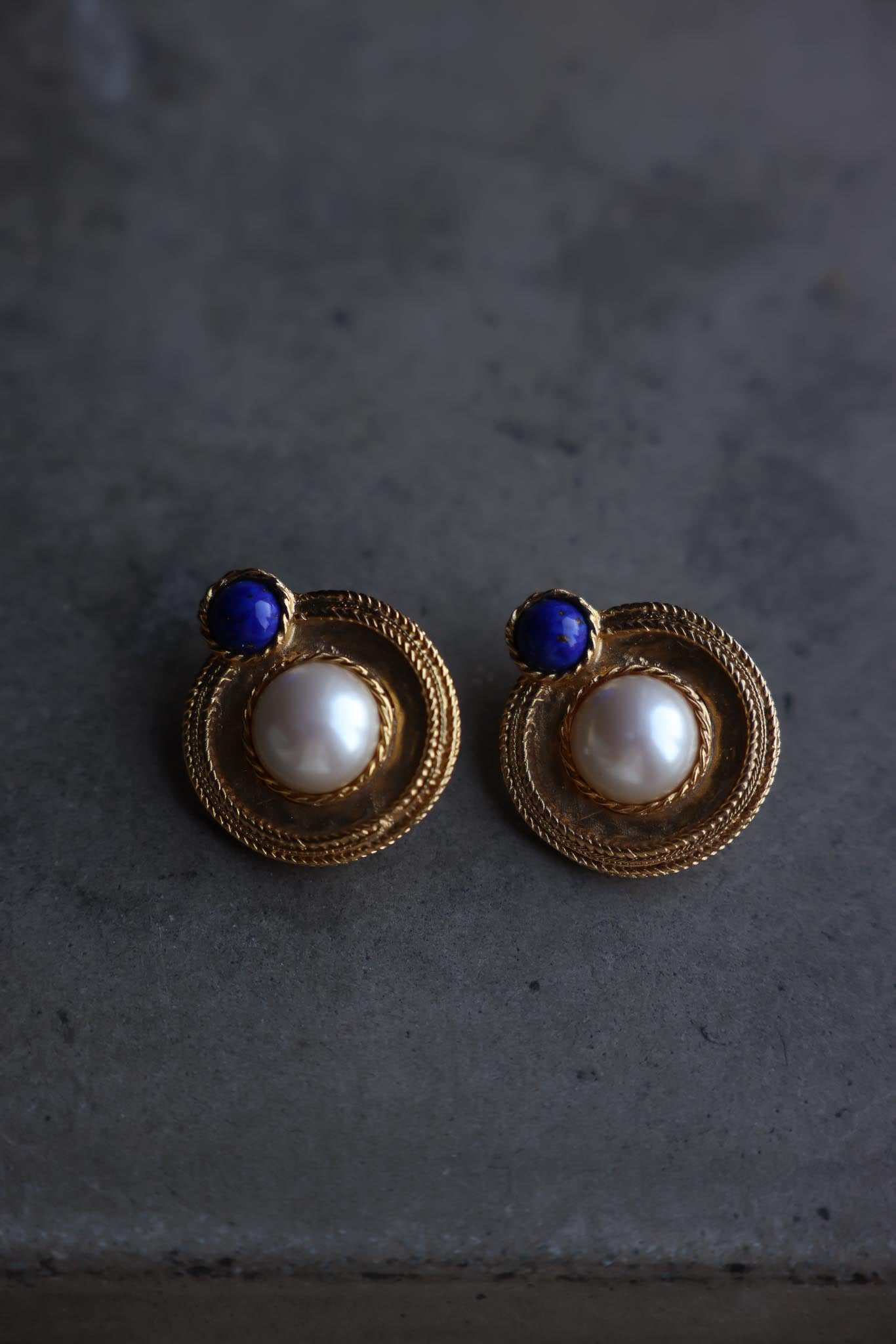 Les Bernard Gold-Tone Faux Pearl and Blue Cabochon Clip-On Earrings