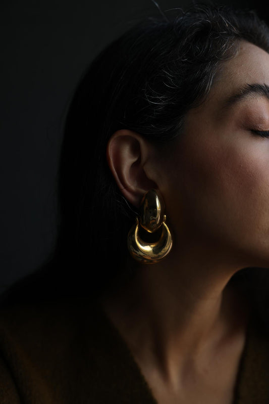 Chunky Gold Tone Clip-On Hoop Earrings|Vintage Baazaar 
